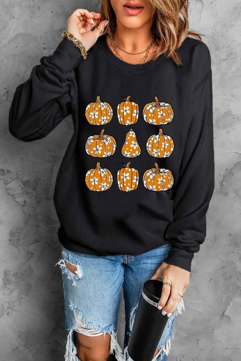 Pumpkin Round Neck Long Sleeve Sweatshirt Black Trendsi 7890396c-fc37-4a2f-a508-4ae0b9d2b91f-Max
