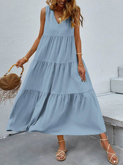 FAM-FAM Tiered V-Neck Sleeveless Dress Light Blue Trendsi 78b64722-327c-45e3-b49a-078950dbf764-Max