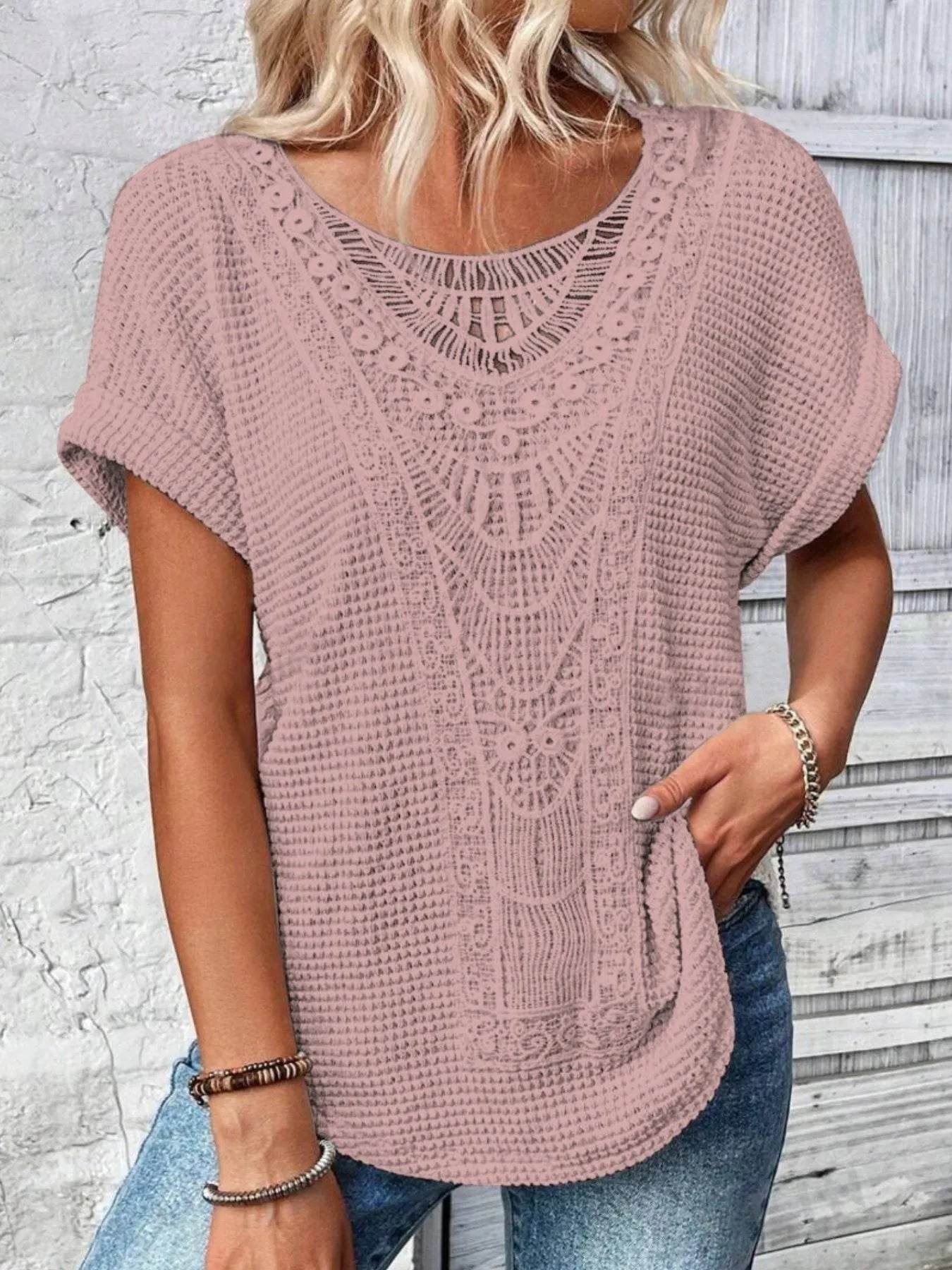 Crochet Lace Short Sleeve Casual T-Shirt Trendsi 78fd6eda-c6b3-459e-b259-f01c27de103e-Max-Origin