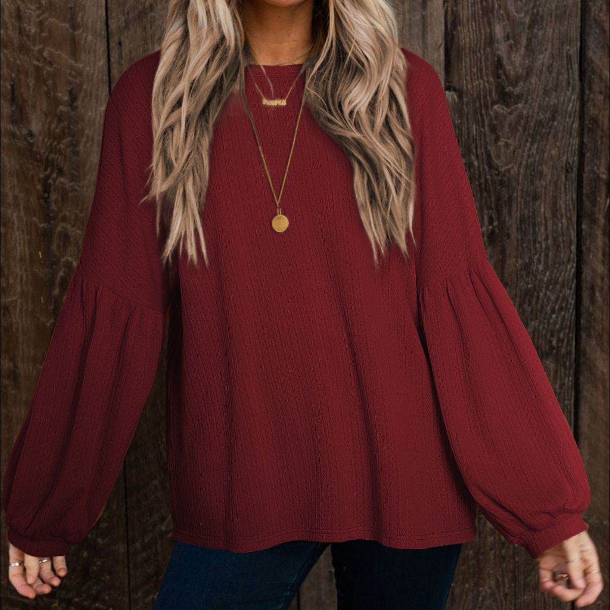 Round Neck Long Sleeve Ruched Blouse Wine Trendsi 791f2e53d2de4be6a034d7d199a3cb21-Max