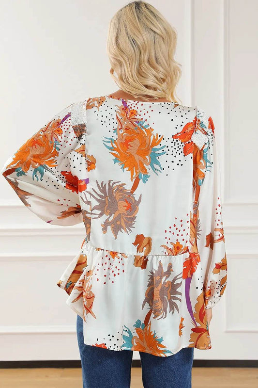 Printed V-Neck Smocked Balloon Sleeve Blouse Trendsi 794019a1a9ae495b92f07294bfcaf6ad-Max