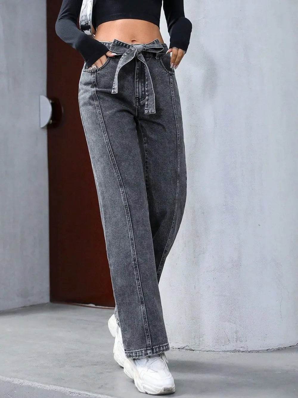 Tied Straight Leg Jeans with Pockets Trendsi 79453e5a-beed-44d8-a934-2c00f107b27e-Max
