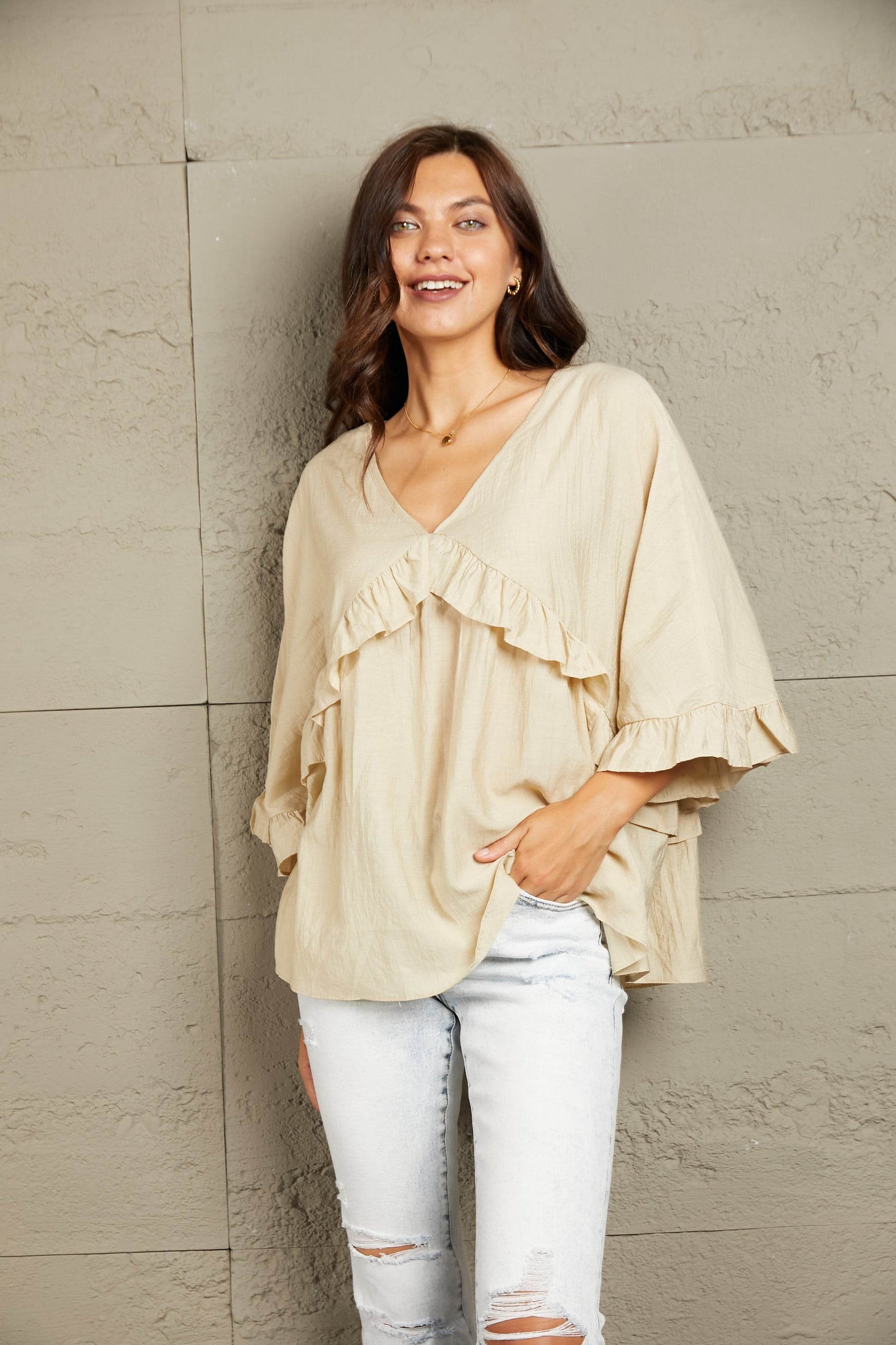 Ruffled V-Neck Half Sleeve Blouse Beige Trendsi 795d5a8485974dc0b0e8c951a7dcf99c-Max