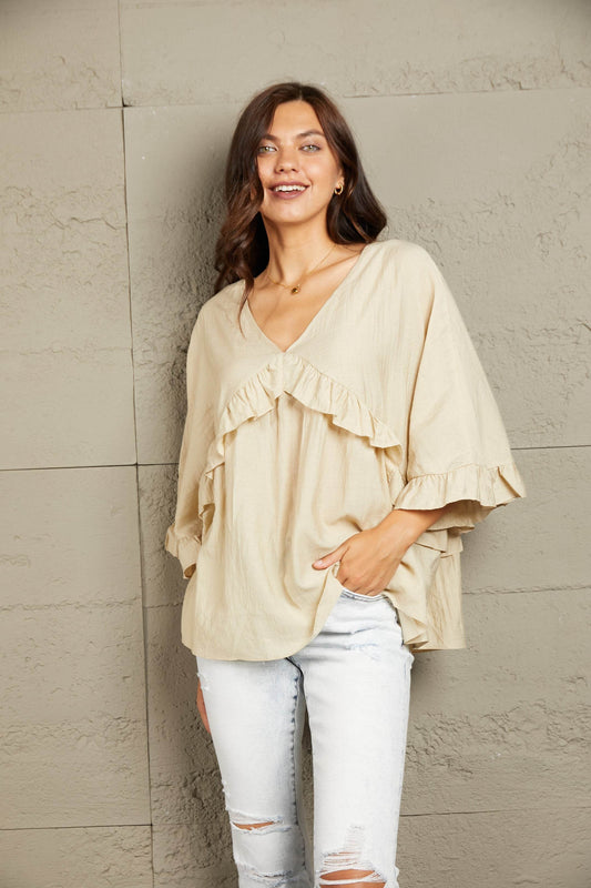 Ruffled V-Neck Half Sleeve Blouse Beige Trendsi 795d5a8485974dc0b0e8c951a7dcf99c-Max