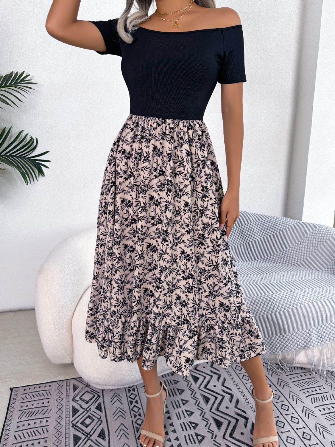 Printed Off-Shoulder Ruffle Hem Dress Tan Trendsi 7964e9fb98014bdab5ae6fe3b84ab833-Max