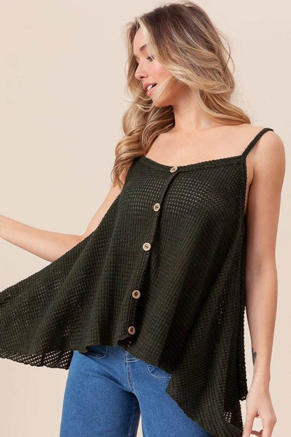 BiBi Popcorn Waffle Knit with Buttoned Front Cami Top BLACK Trendsi 797721e1638141ea8f5197c4ee557446-Max-Origin