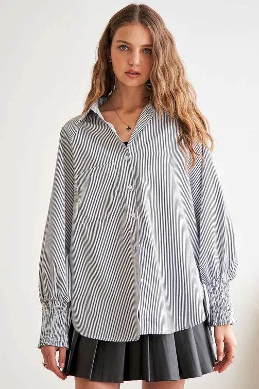 ADORA High-Low Striped Button Down Smocked Lantern Sleeve Shirt Trendsi 797a4e01-fc95-4d55-a2bd-3a0b9c888317-Max