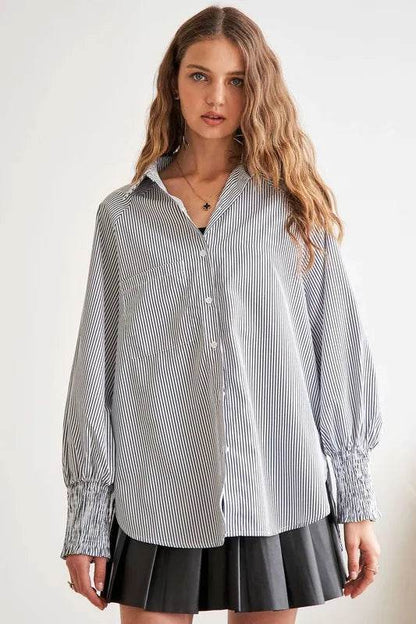 ADORA High-Low Striped Button Down Smocked Lantern Sleeve Shirt Trendsi 797a4e01-fc95-4d55-a2bd-3a0b9c888317-Max
