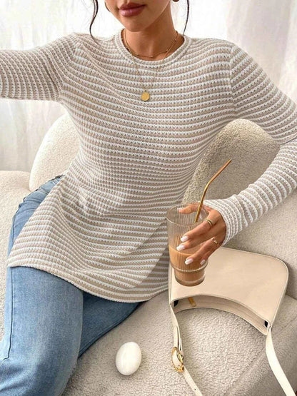 Side Slit Striped Long Sleeve T-Shirt Trendsi 79910eddfded4e8fa4ec3074d7894a1a-Max-Origin