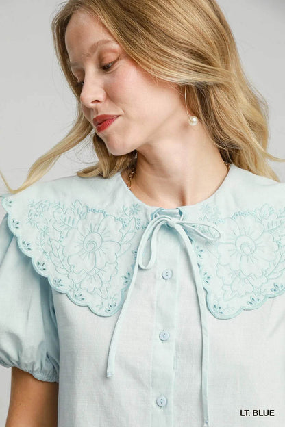 Umgee Tied Collared Short Sleeve Button Down Shirt Trendsi 799136fb-5b87-41e7-b6bb-278f7b862e7f-Max-Origin