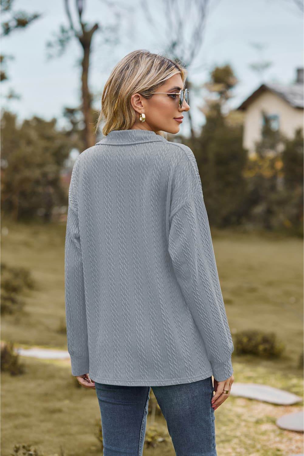 Collared Neck Cable-Knit Long Sleeve Blouse Trendsi 79ab2f284f3c4c17a97c63e0d3b897db-Max