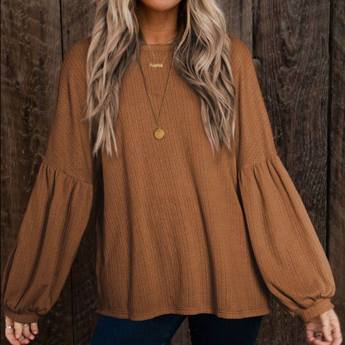 Round Neck Long Sleeve Ruched Blouse Camel Trendsi 79c8a7db171c4f5a82256099cb231488-Max
