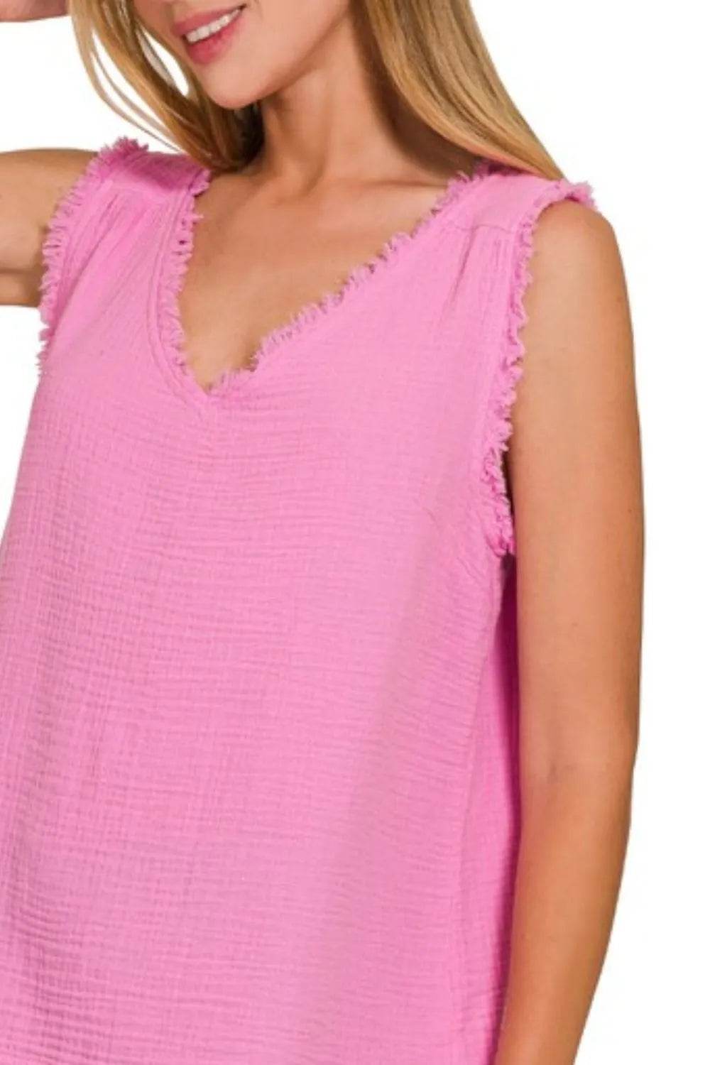 Zenana Double Gauze Raw Edge V-Neck Tank Trendsi 7a0aa5c6-daa8-4a71-835b-c3c1f09b2a77-Max-Origin