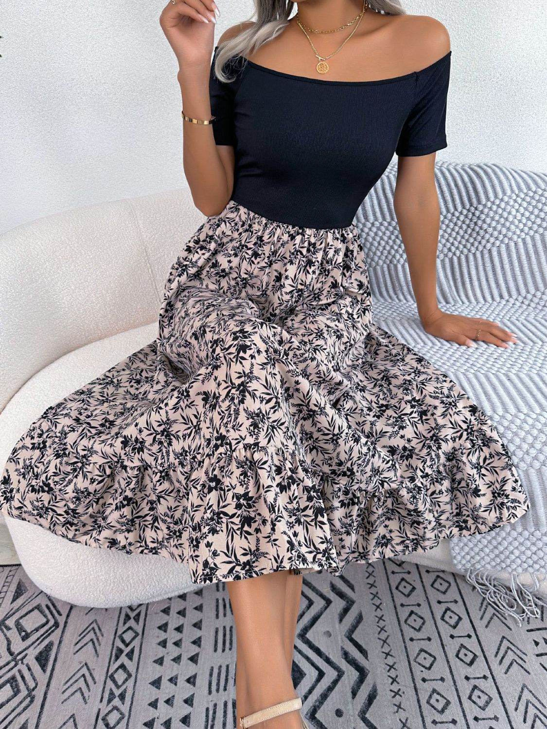 Printed Off-Shoulder Ruffle Hem Dress Trendsi 7a237a6c103d4bc9ab18a78894e71cb6-Max
