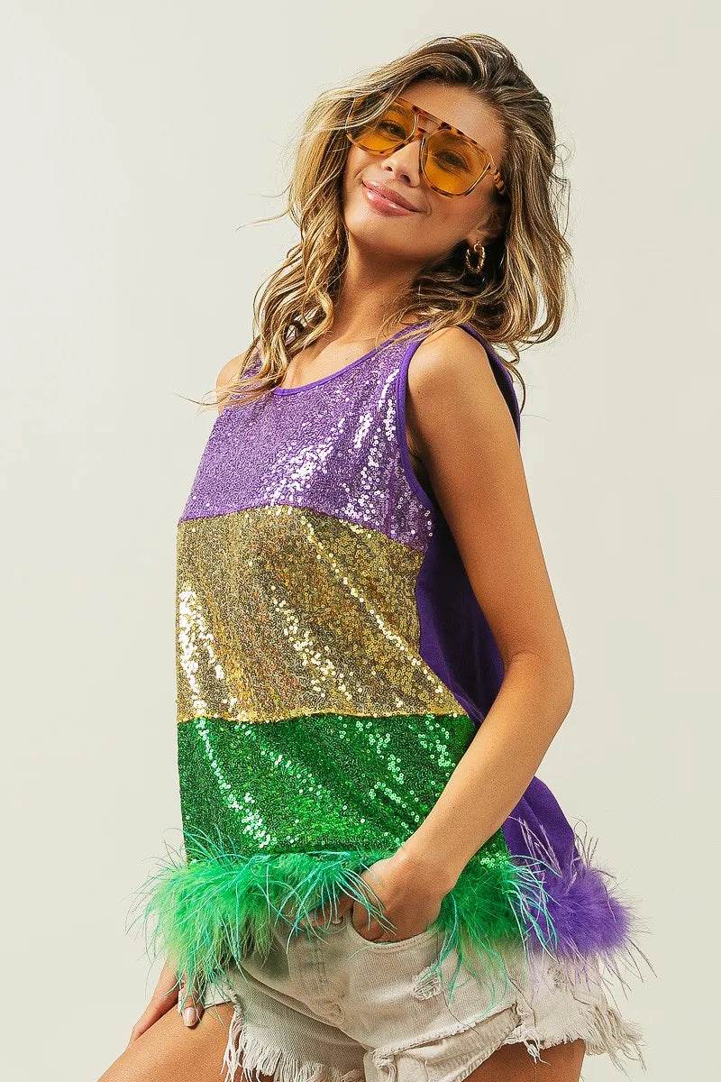 BiBi Mardi Gras Color Block Faux Feather Hem Sequin Top Trendsi 7a656f93e52241cc86569c2460f93833-Max-Origin