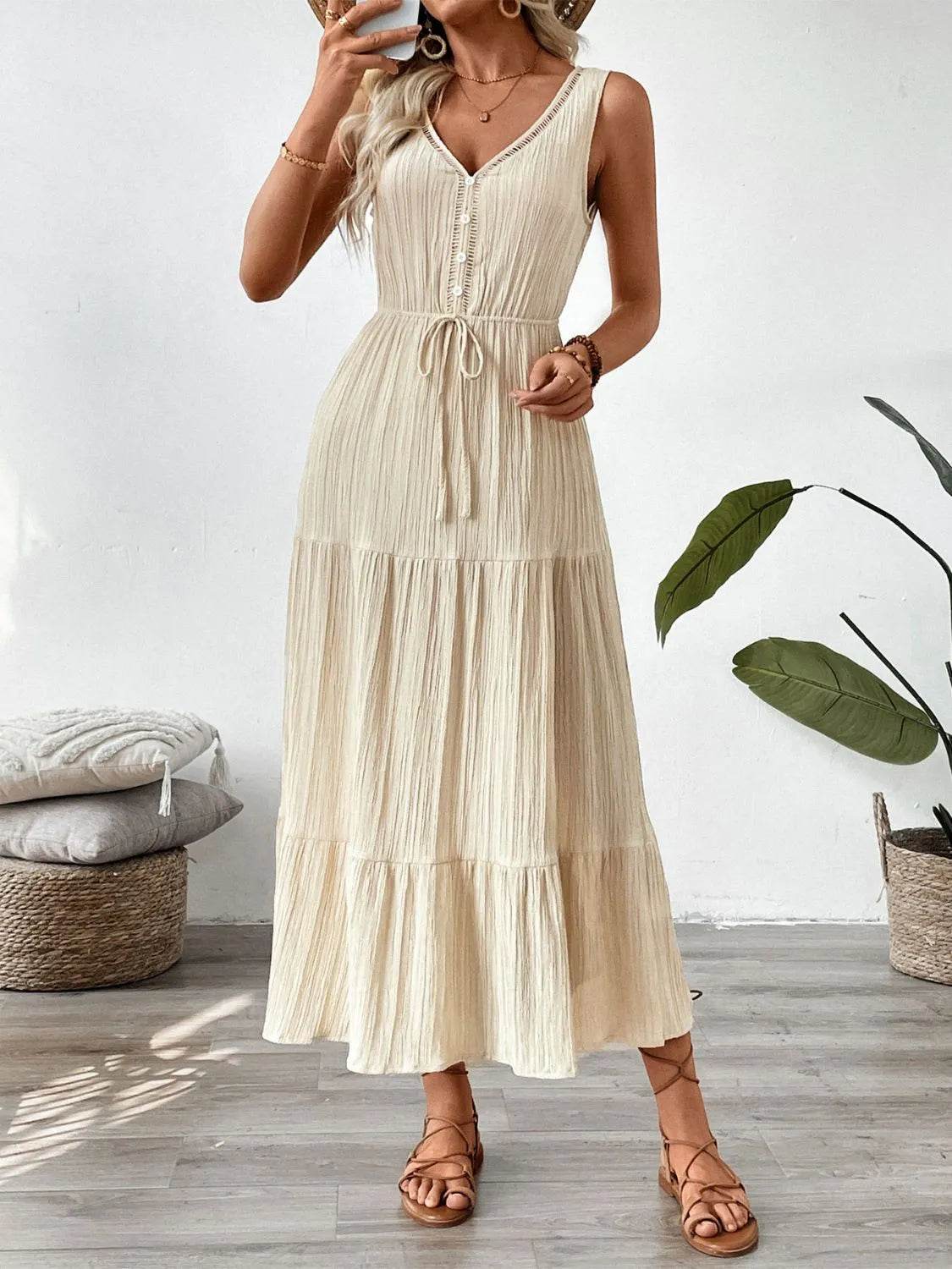 Decorative Button V-Neck Sleeveless Midi Tank Dress Trendsi 7a69ffda-5980-46fc-b738-31f8a963650f-Max-Origin