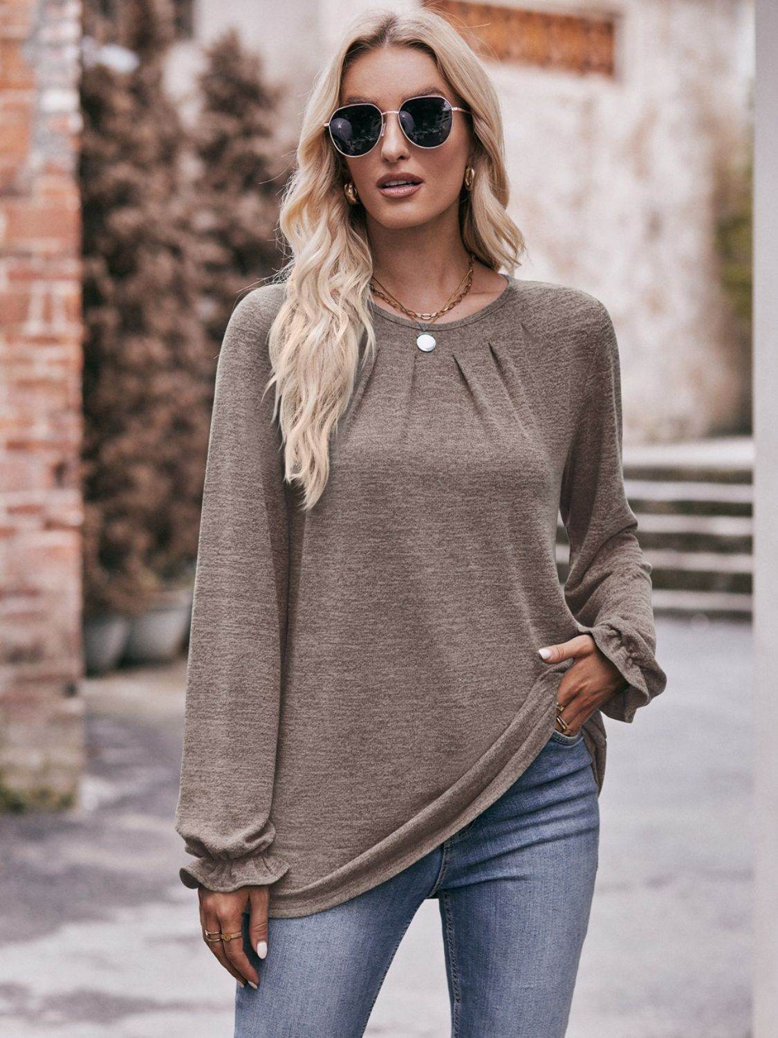 Mandy Long Flounce Sleeve Round Neck Blouse Trendsi 7a6e52c8be7c44bbadc281510e1ef435-Max