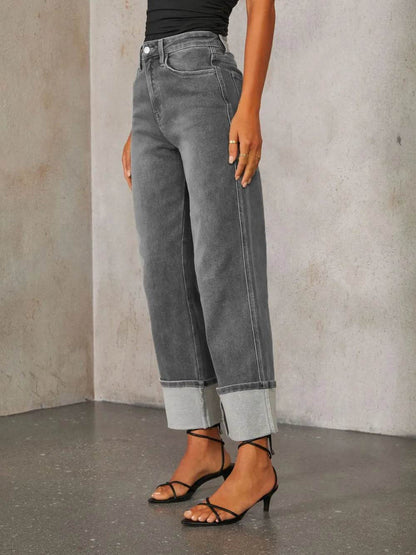 High Waisted Straight Leg Rolled Jeans Trendsi 7a7888da-6837-4ad7-8458-ec9f03f4f10e-Max
