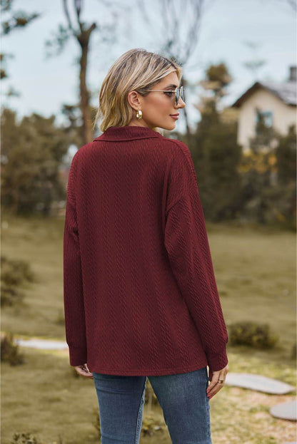 Collared Neck Cable-Knit Long Sleeve Blouse Trendsi 7a803147c2304f289979a8da87e29c0c-Max