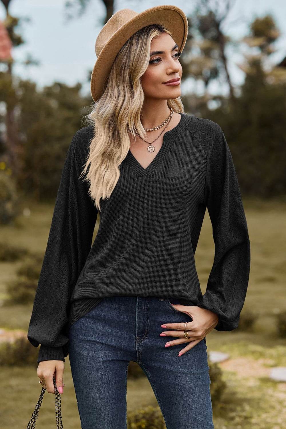 Notched Neck Raglan Sleeve Blouse Black Trendsi 7a965981293b444987bc5e862e5cf45f-Max