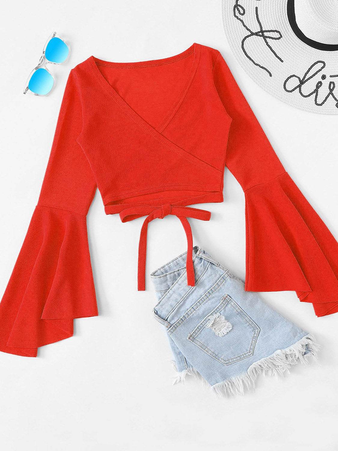 Tied Flare Sleeve Top Red Orange Trendsi 7aae957b1e5b4e2ea3188bbc0f6ca298-Max