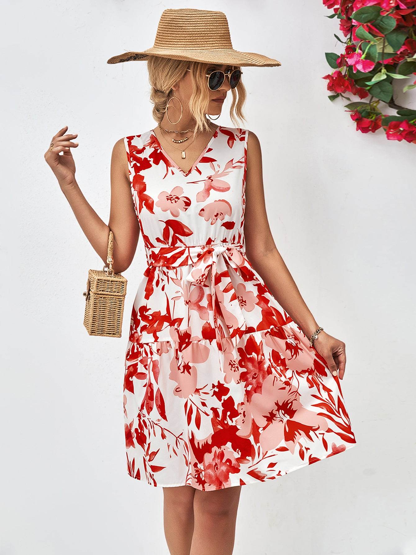 Floral V-Neck Tie Waist Sleeveless Dress Trendsi 7ae2dce89a244b28b7853361e6b3ae0c-Max