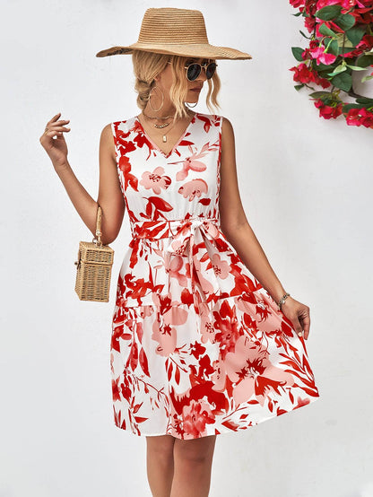 Floral V-Neck Tie Waist Sleeveless Dress Trendsi 7ae2dce89a244b28b7853361e6b3ae0c-Max