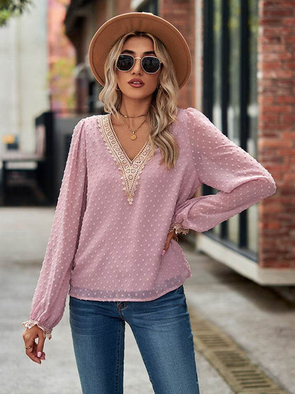 Swiss Dot V-Neck Long Sleeve Blouse Dusty Pink Trendsi 7aff28b618ac4a9eba033d8d6804a0a0-Max