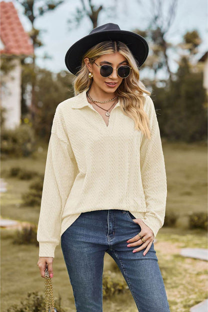 Collared Neck Cable-Knit Long Sleeve Blouse Ivory Trendsi 7b0ee52e9b3e47e688737c21e8ca6002-Max