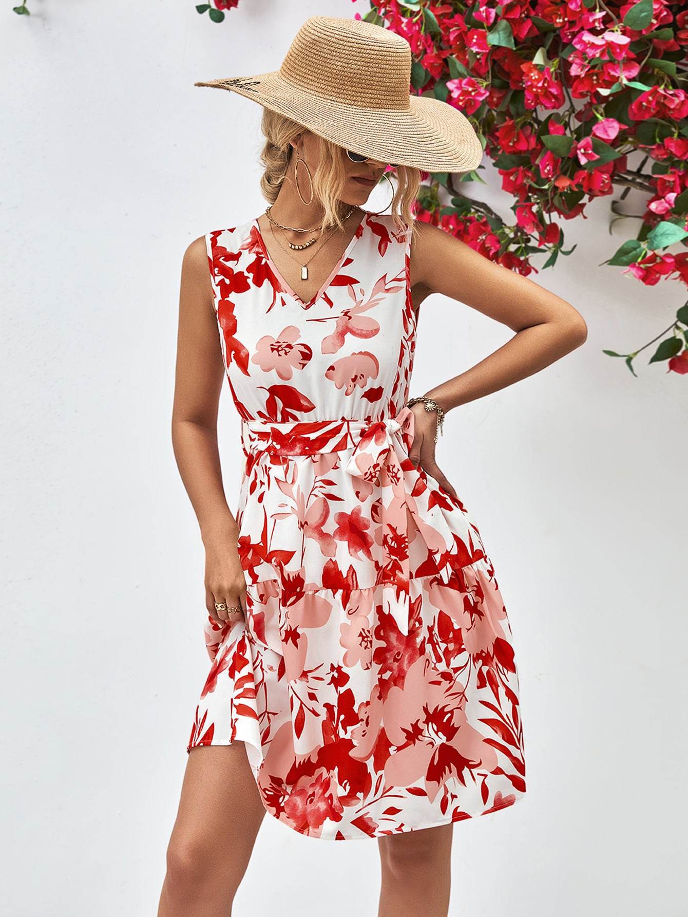 Floral V-Neck Tie Waist Sleeveless Dress Deep Red Trendsi 7b43772db8144565865589bd23d38990-Max