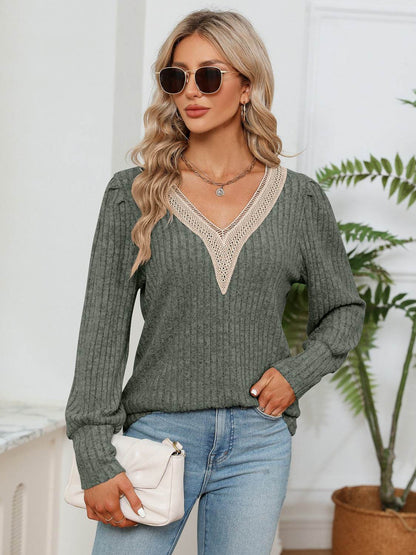 Lace Detail V-Neck Ribbed Blouse Moss Trendsi 7b4da017ac844dea9331b77e62c2e3e3-Max