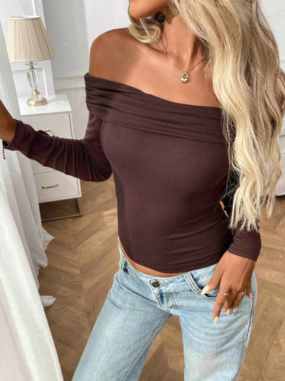 Off-Shoulder Long Sleeve Fitted T-Shirt Trendsi 7b534afb4ffa46059f7523eb19964e9d-Max-Origin