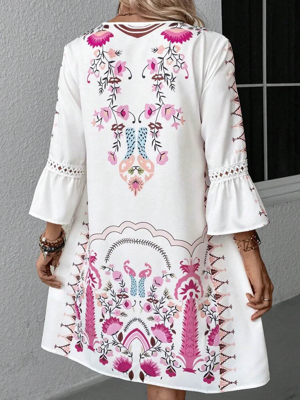 Lace Detail Printed Three-Quarter Sleeve Dress Trendsi 7b570636-3041-41f4-b377-729363406460-Max