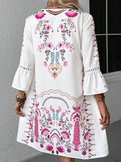 Lace Detail Printed Three-Quarter Sleeve Dress Trendsi 7b570636-3041-41f4-b377-729363406460-Max