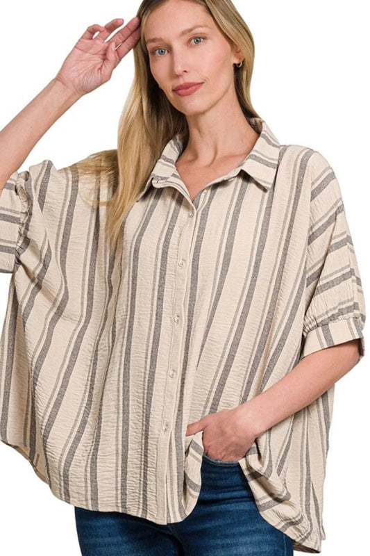 Zenana Woven Yarn-Dye Stripe Oversized Button Down Shirt TAUPE Trendsi 7b805397-e049-4168-9b40-8fe104b56459-Max-Origin