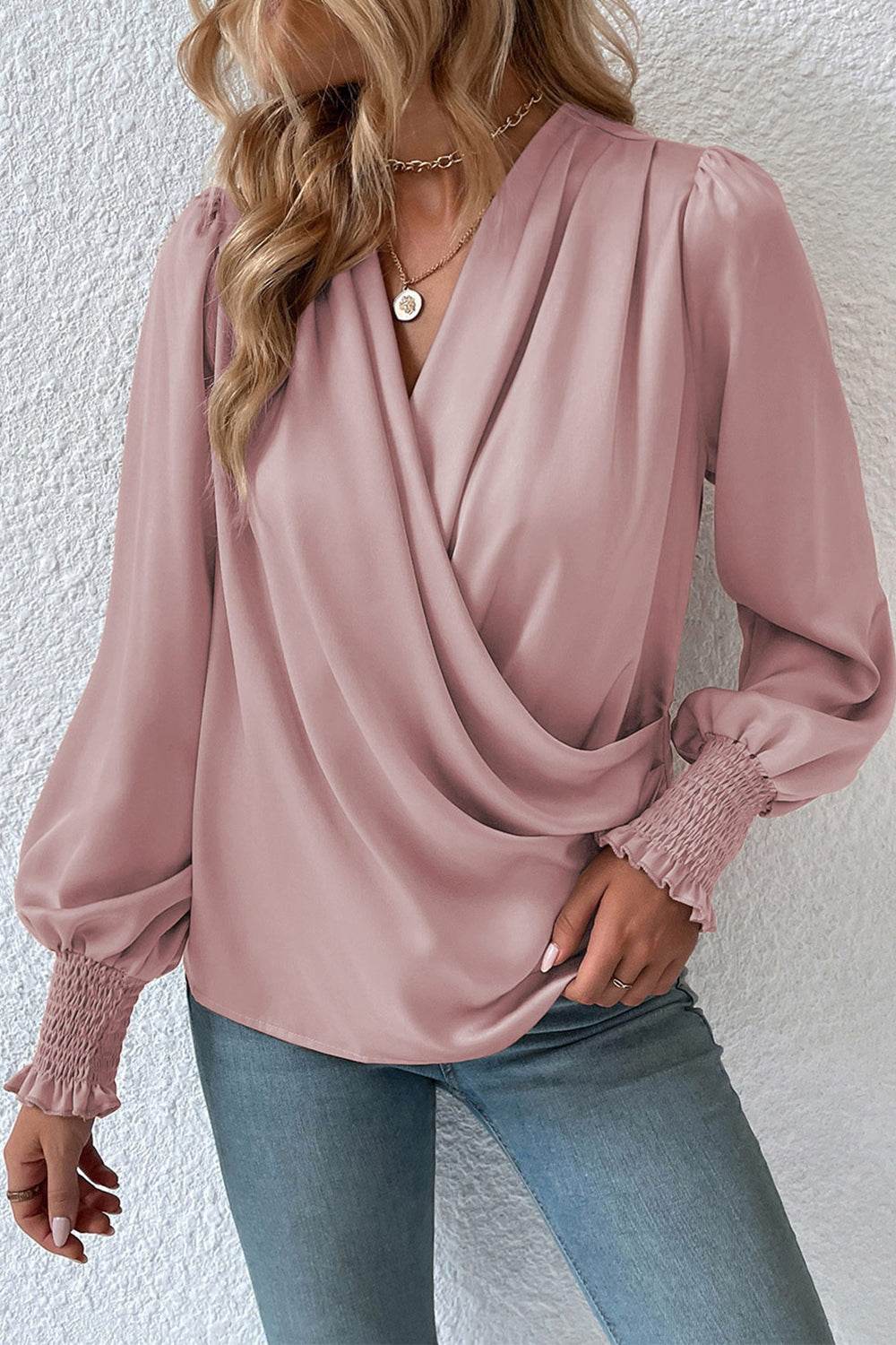 Surplice Neck Lantern Sleeve Blouse Trendsi 7b96742f7c85435fbf4f63514f1b6086-Max