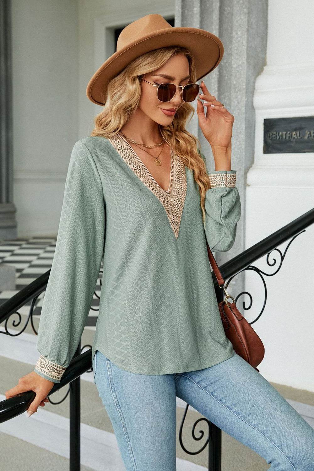 V-Neck Long Sleeve Blouse Trendsi 7bdb2120bd3b4354bb82183fc3477468-Max