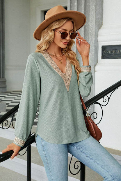 V-Neck Long Sleeve Blouse Trendsi 7bdb2120bd3b4354bb82183fc3477468-Max