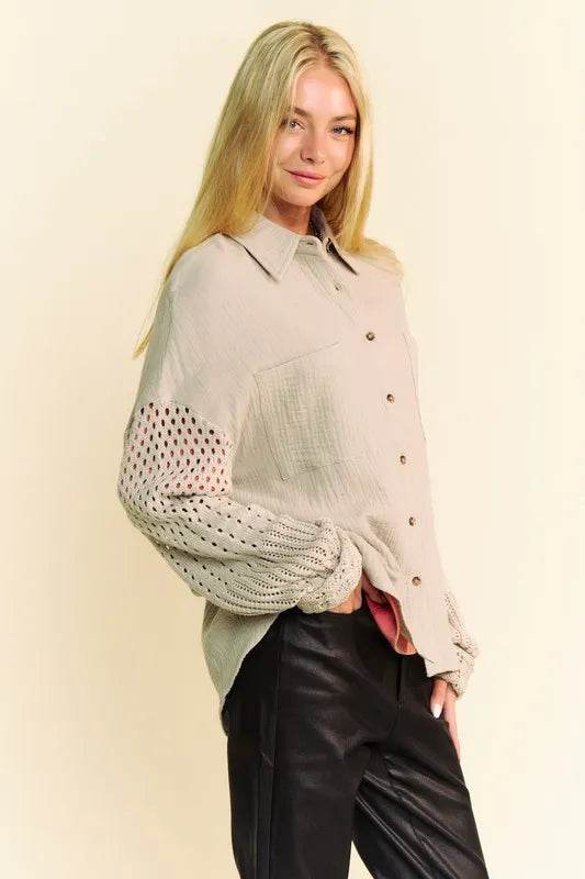Davi & Dani Crochet Sleeve Crinkled Texture Shirt Trendsi 7bf5a76f-914b-4f63-8790-d500e5900d48-Max