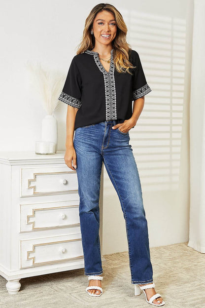 Double Take Embroidered Notched Neck Top Trendsi 7c08564d7ac24306a8753010e652d23d-Max