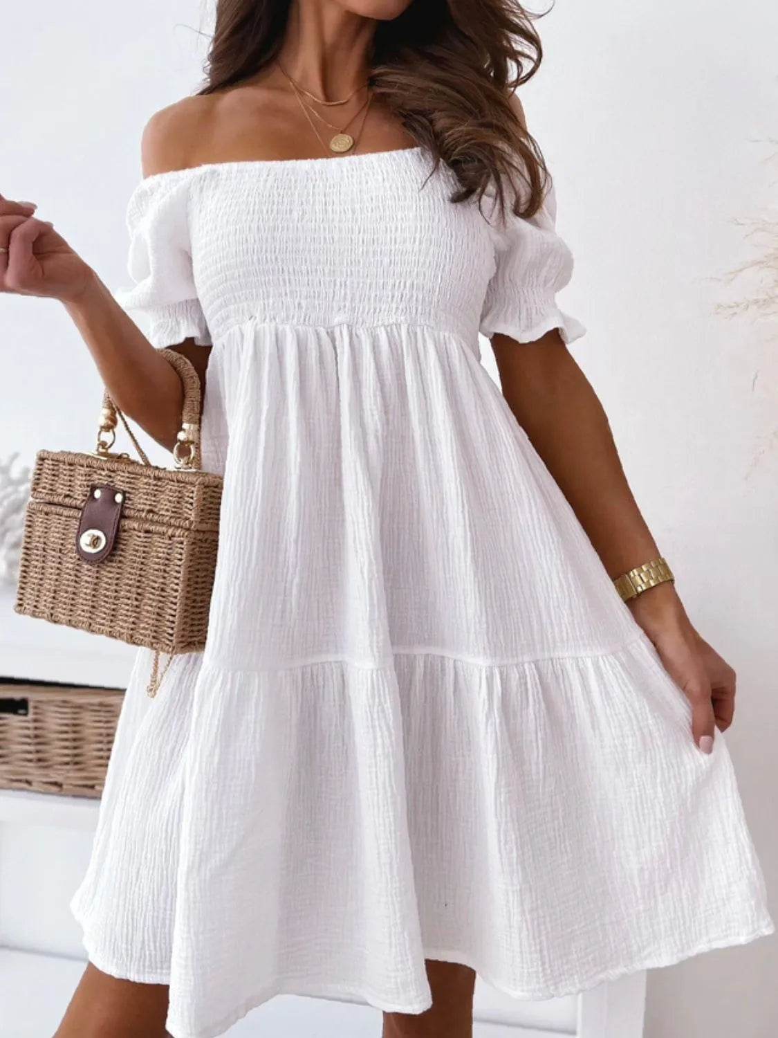 Smocked Off-Shoulder Mini Dress White Trendsi 7c2fa792-feb6-426b-abae-4d4a66e8a4e3-Max-Origin