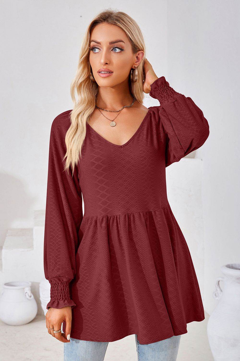 V-Neck Lantern Sleeve Blouse Trendsi 7c4cf0da84fc4e188e1561fc56b34cfb-Max