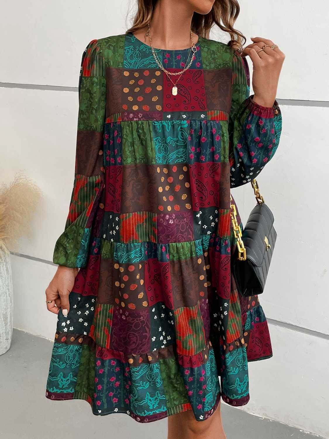 Patchwork Round Neck Long Sleeve Dress Trendsi 7c4e3188c0f2473dabbf4c55617c6e84-Max