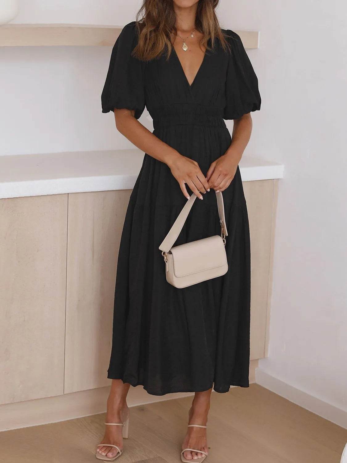 V-Neck Puff Sleeve Midi Dress Trendsi 7c516271-af97-4a64-b874-b471f7d8669f-Max-Origin