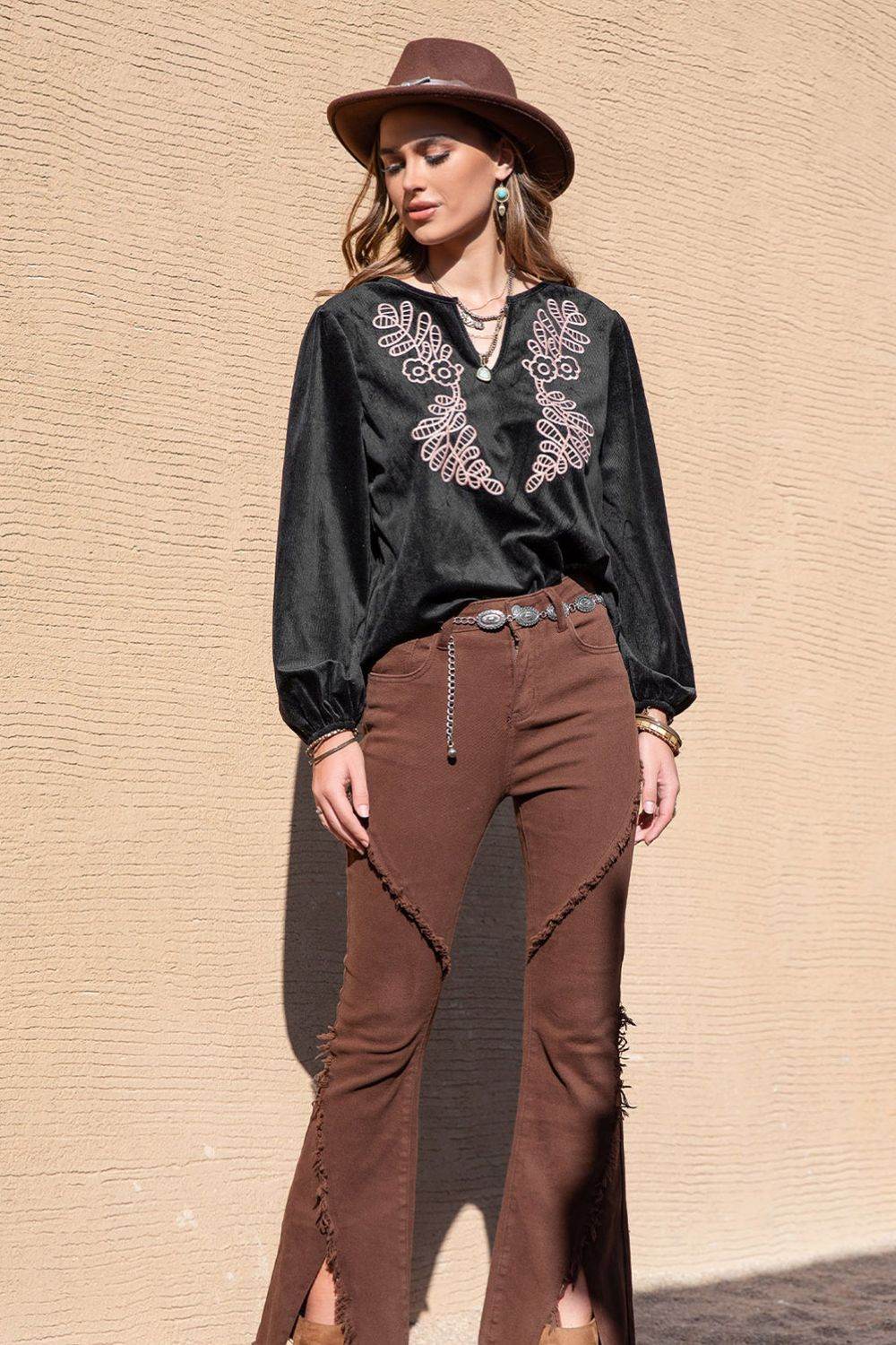 Notched Neck Long Sleeve Blouse Trendsi 7c5643ada498404b8bd7918127d8743c-Max