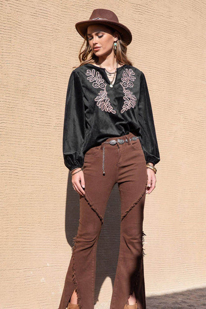 Notched Neck Long Sleeve Blouse Trendsi 7c5643ada498404b8bd7918127d8743c-Max