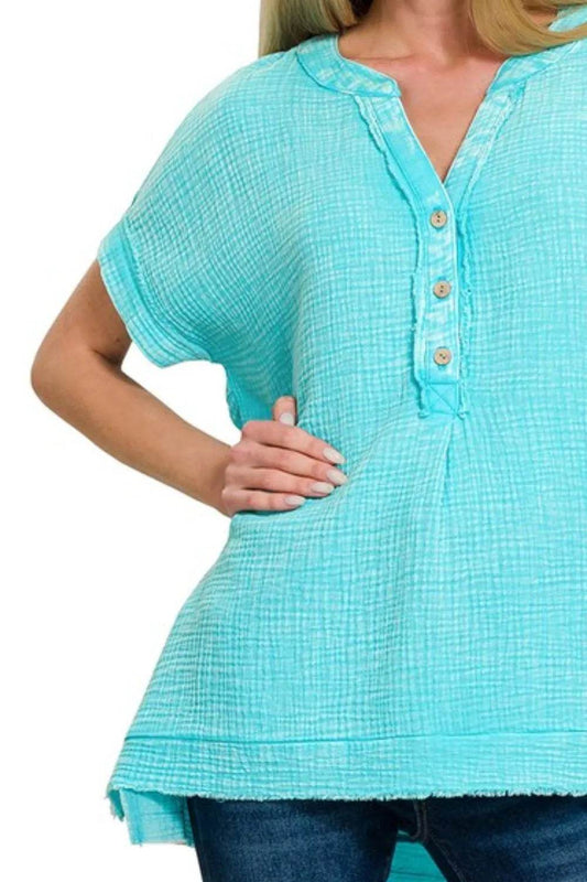 Zenana Washed Double Gauze 3/4 Button Henley Neck Shirt Trendsi 7c5d2bd3-8de0-4336-9c71-155876233088-Max-Origin