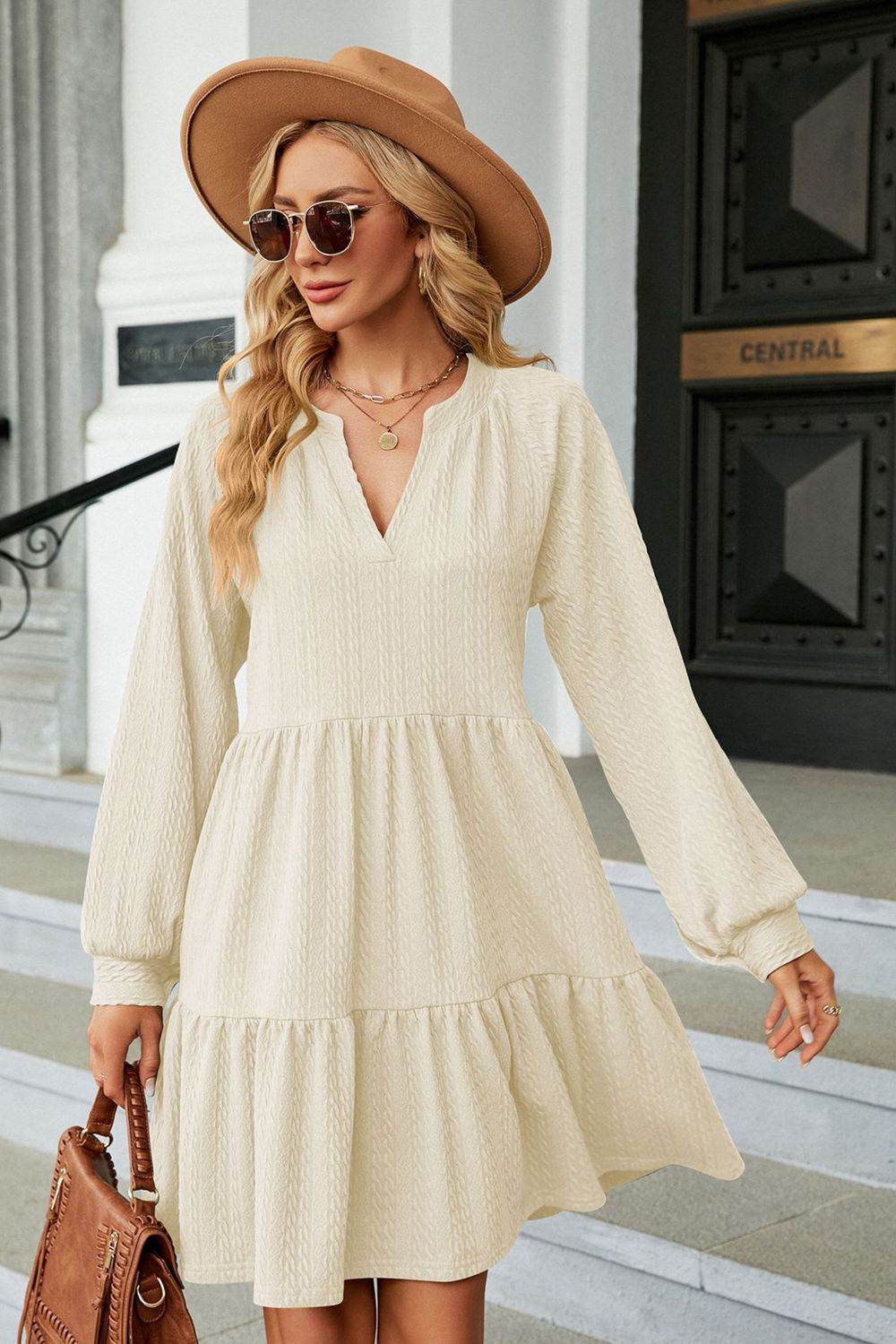 Notched Neck Long Sleeve Mini Dress Cream Trendsi 7c780bfd4f8a4968a1098aa2273d8461-Max