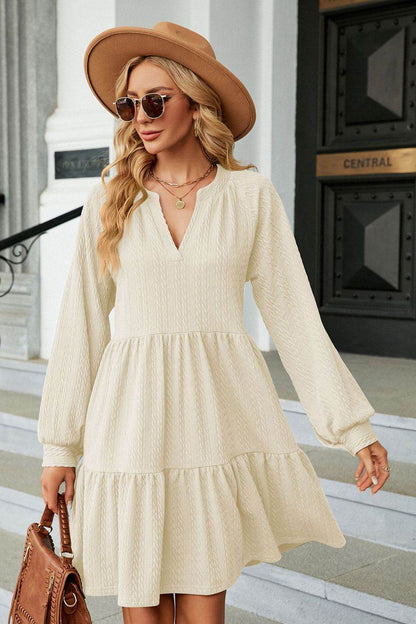 Notched Neck Long Sleeve Mini Dress Cream Trendsi 7c780bfd4f8a4968a1098aa2273d8461-Max