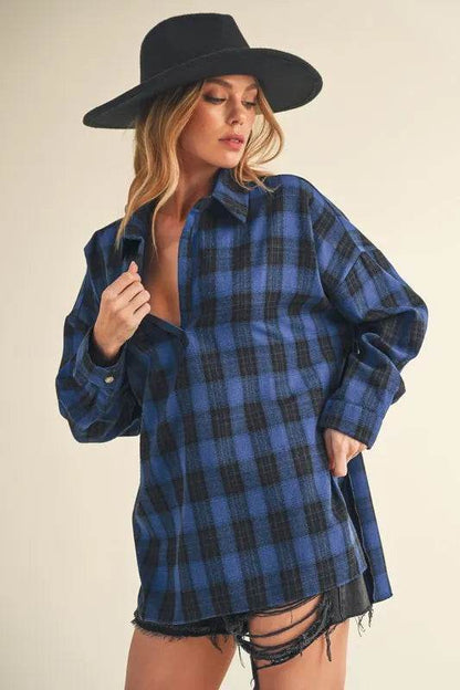 Aemi + Co Side Slit High-Low Plaid Long Sleeve Polo Shirt Trendsi 7ca6eda0-81a2-4a72-81b7-fb7fb579340a-Max